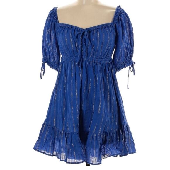 Cake FOR Dinner Caraway Mini Dress Colbalt Stripe Ruffle Puff Sleeve Size XXS - Picture 3 of 7